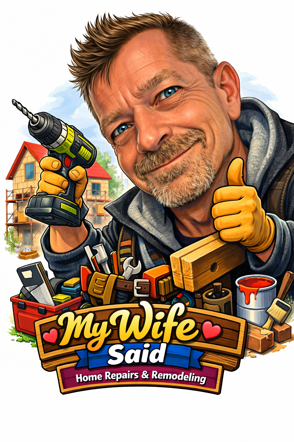 Friendly MyWifeSaid handyman holding a power drill and giving a thumbs-up, with a house renovation background
